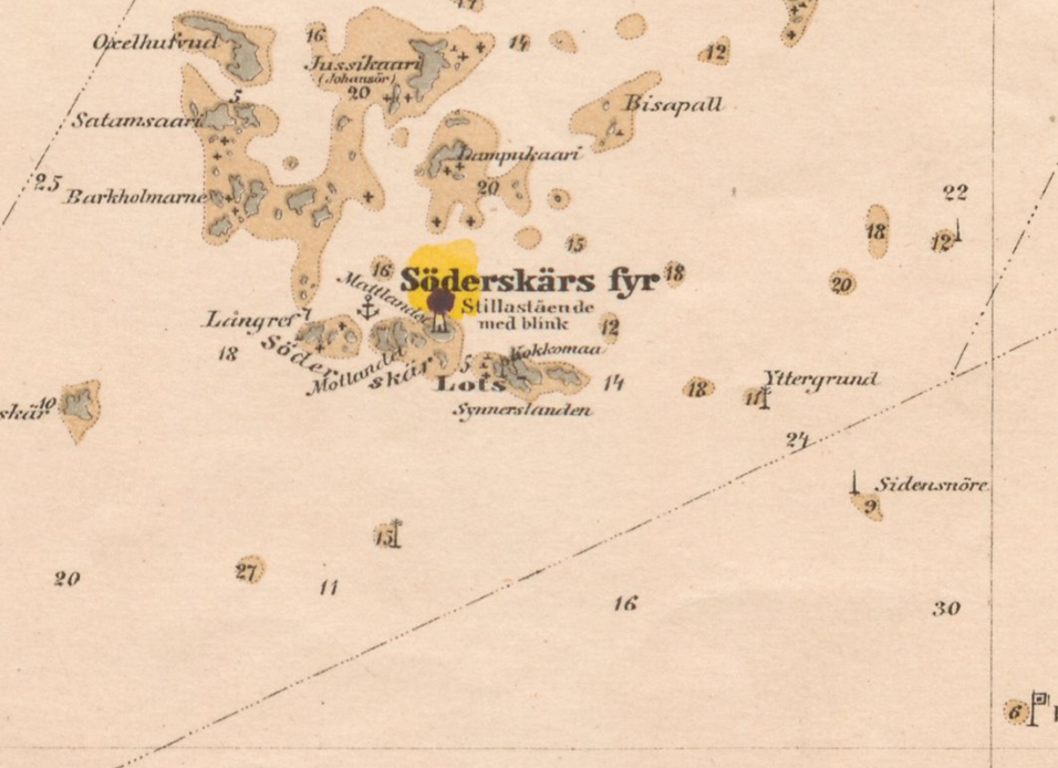 Zoomaus vanhaan merikorttiin Söderskärin majakkasaaren kohdalla.